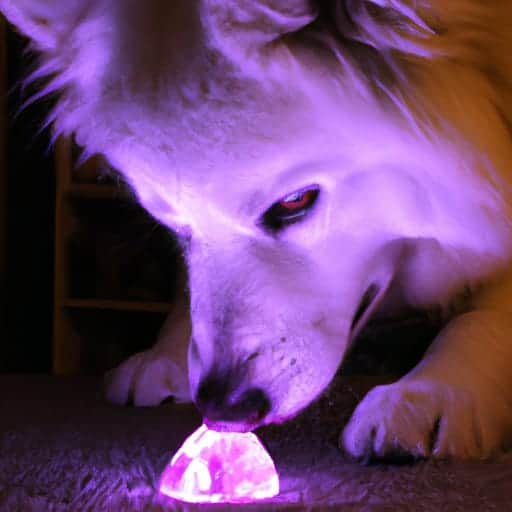 dog looking at crystal